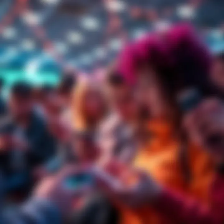 A group of people imitating popular trends and behaviors while using smartphones, showing connections in social media interactions.