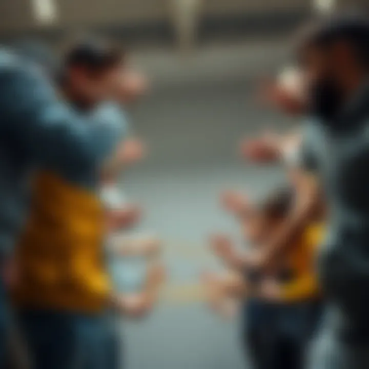 A group of diverse individuals working together to tackle a common obstacle in a supportive environment.