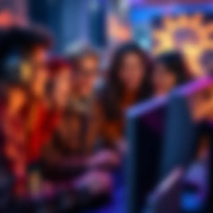 A group of friends gathered around a computer, engaged in a game of LOL, showing excitement and teamwork.