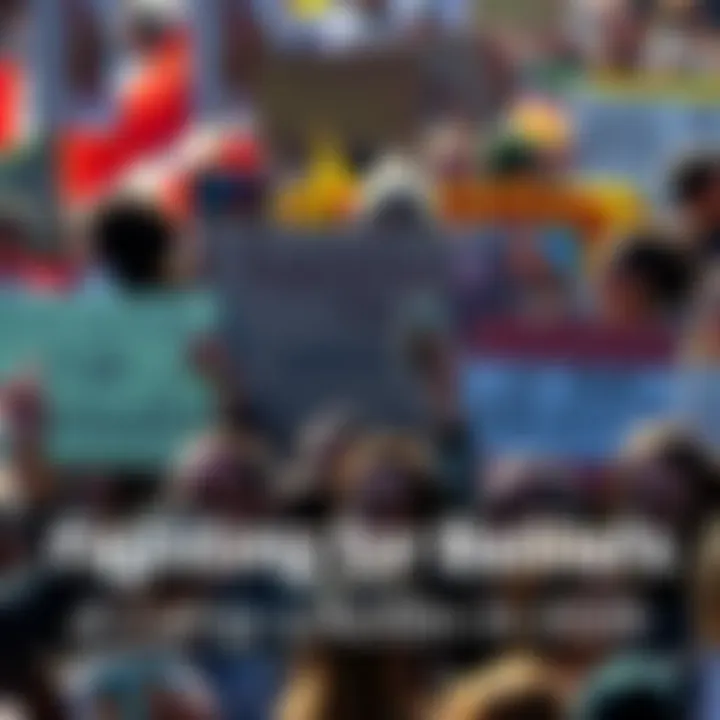 A diverse group of people holding signs and banners at a protest, passionately advocating for their beliefs, creating an atmosphere of unity and determination.