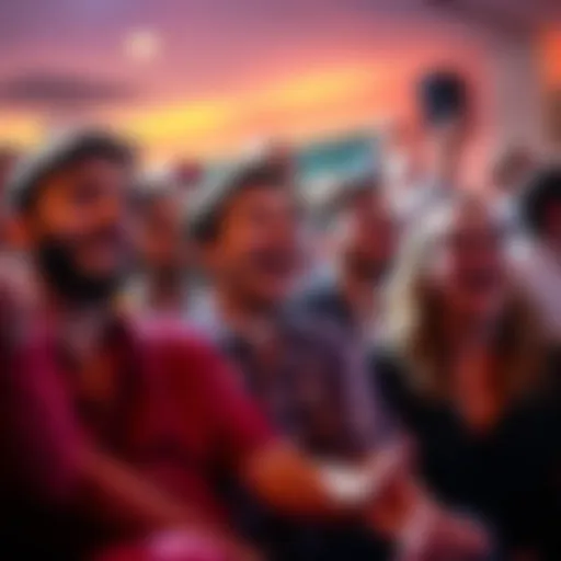 A group of people watching a cringe-worthy performance, showing a mix of laughter and disbelief on their faces