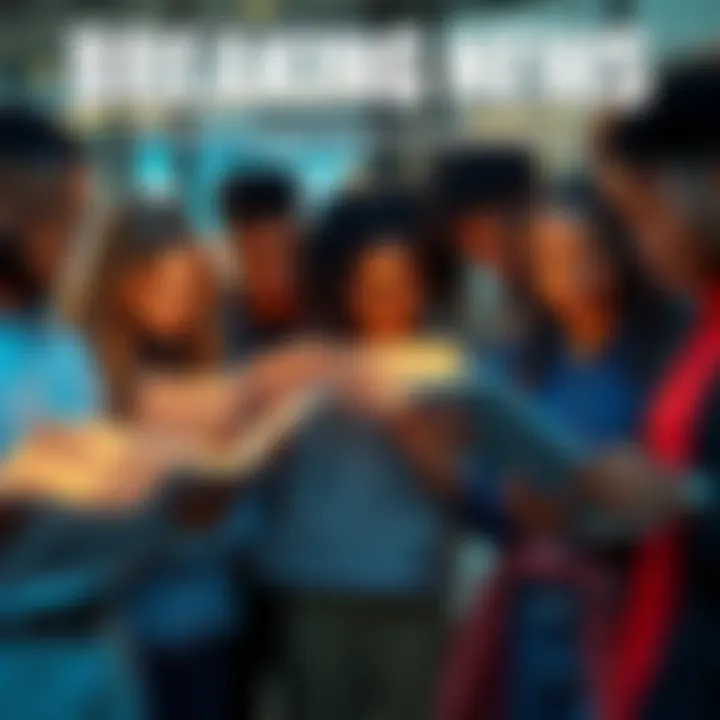 A group of diverse people discussing current events while holding newspapers and tablets, showing interest and engagement.