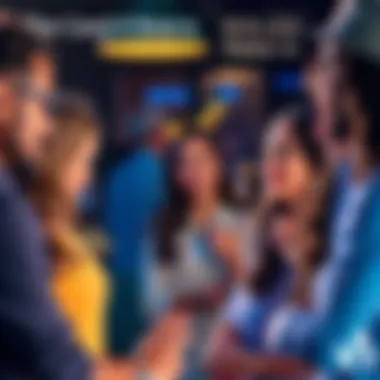 A group of people engaged in a lively conversation about top and bottom roles in relationships, showcasing various expressions and dynamics.