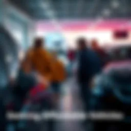 Group of people looking at cars in a dealership