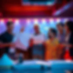 A group of people excitedly looking at blueprints related to Survivor, with one holding papers and others discussing ideas.