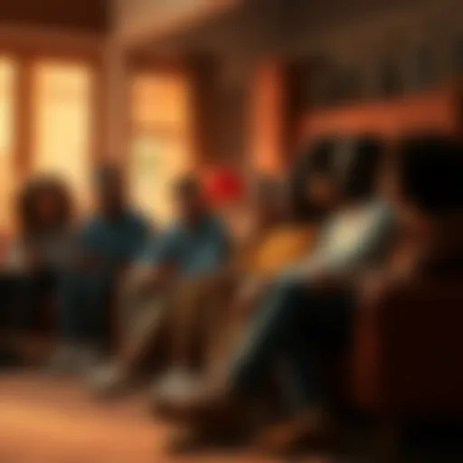 People Sharing Emotions A group of diverse people sitting together, discussing their feelings and experiences in a warm and supportive environment.