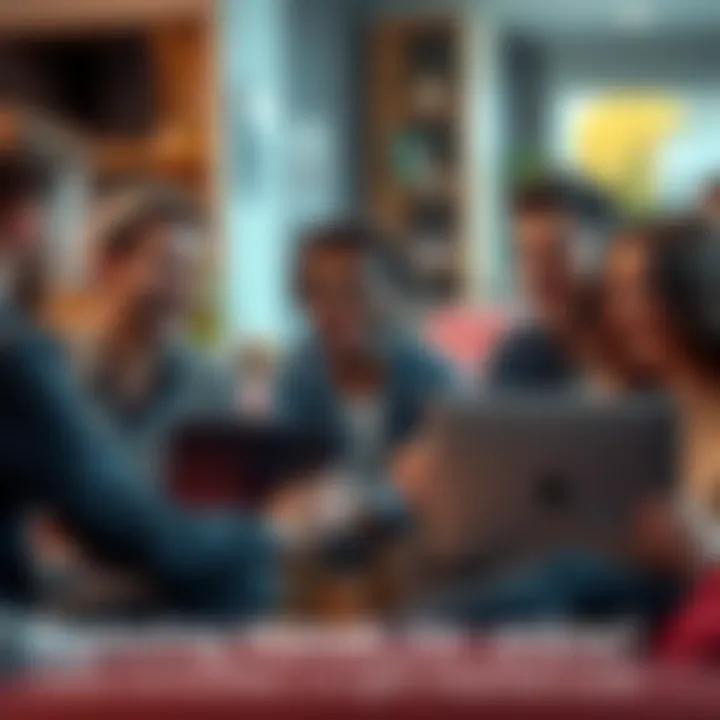 A group of people laughing together while using their laptops in a cozy online forum setting