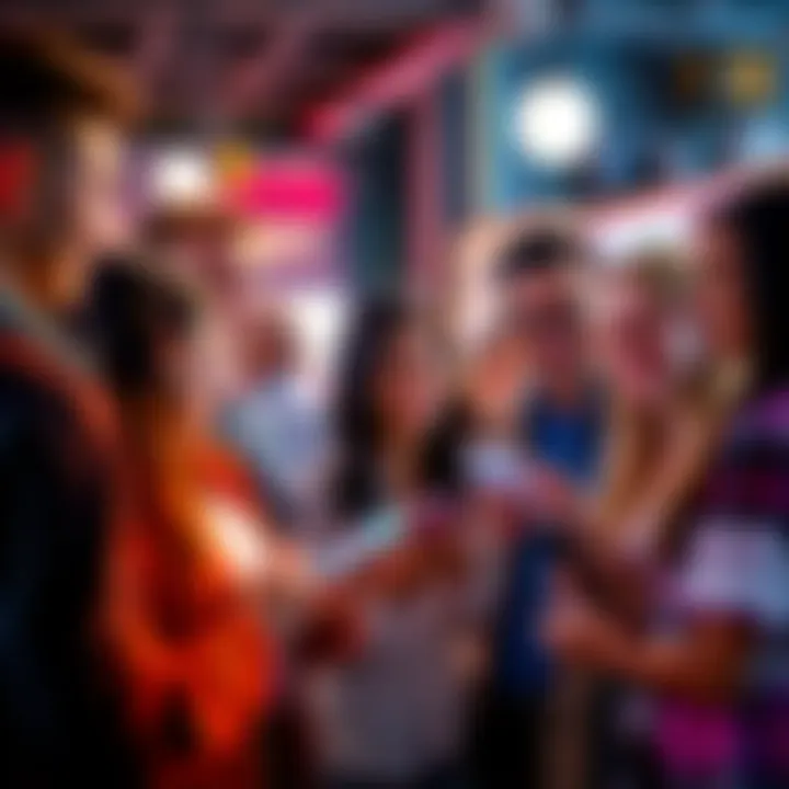 Group of diverse people engaging in conversation and sharing trends on their devices in a lively setting.