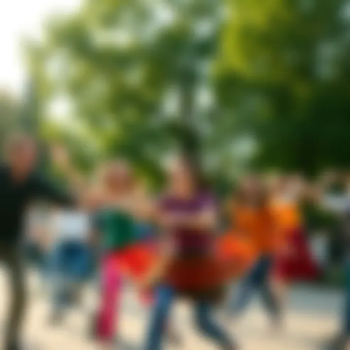 A group of people spinning around in a park, smiling and enjoying the trend of frequent spinning, with trees and a sunny background.