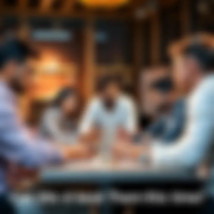 Group of people collaborating at a table, discussing strategies to overcome competition