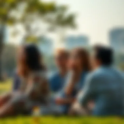 A group of people looking pensive and disconnected while sitting together in a park, reflecting the challenges of enjoying life