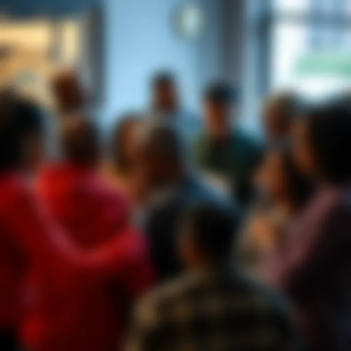 A diverse group of people gathered in a circle, sharing their thoughts and offering support to one another, emphasizing connection and solidarity during tough times.