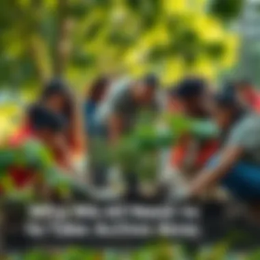 A diverse group of people working together on a community project, planting trees and cleaning up a park, showing the importance of action for a better future.