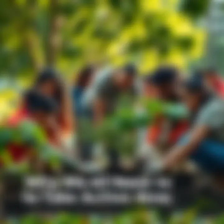 A diverse group of people working together on a community project, planting trees and cleaning up a park, showing the importance of action for a better future.