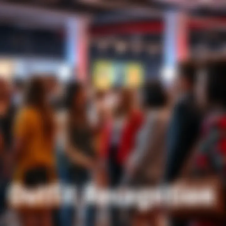 People admiring stylish outfits A group of people at a fashion event, discussing and complimenting each other's outfits, showcasing connections through style.