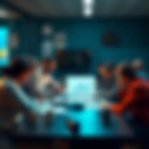 A group of people gathered around a table discussing trends and future impacts, with charts and graphs visible.