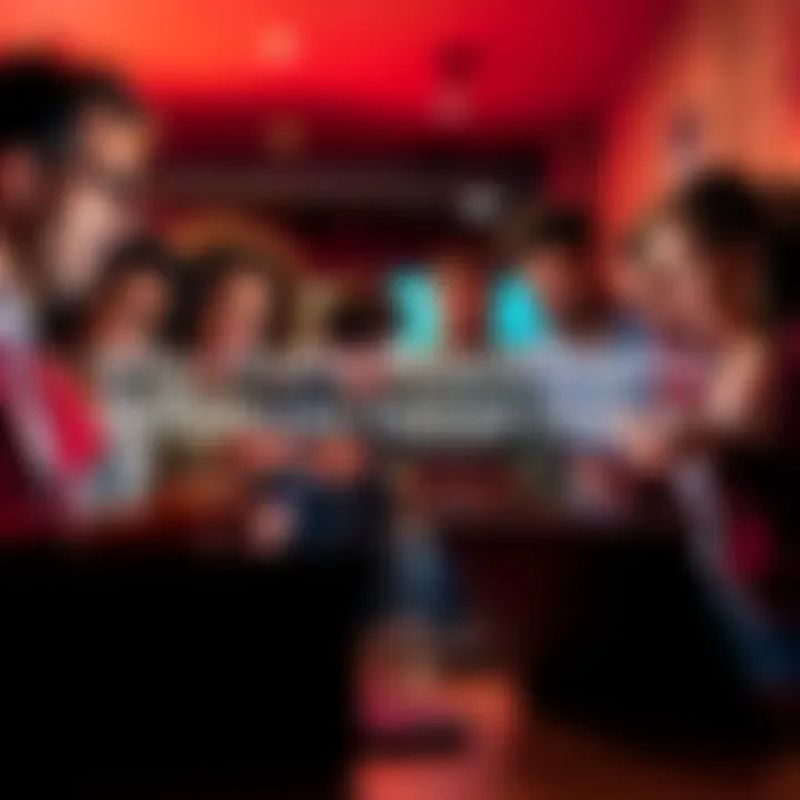 A group of people expressing anger and frustration while using smartphones and laptops in a social media setting.