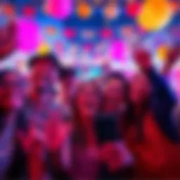People celebrating excitement A group of people gathered together, smiling and showing enthusiasm for recent events, with colorful decorations in the background.