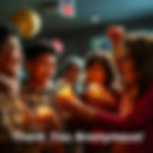 A group of people joyfully sharing stories about hidden treasures they found, with smiles and excitement in a community setting.