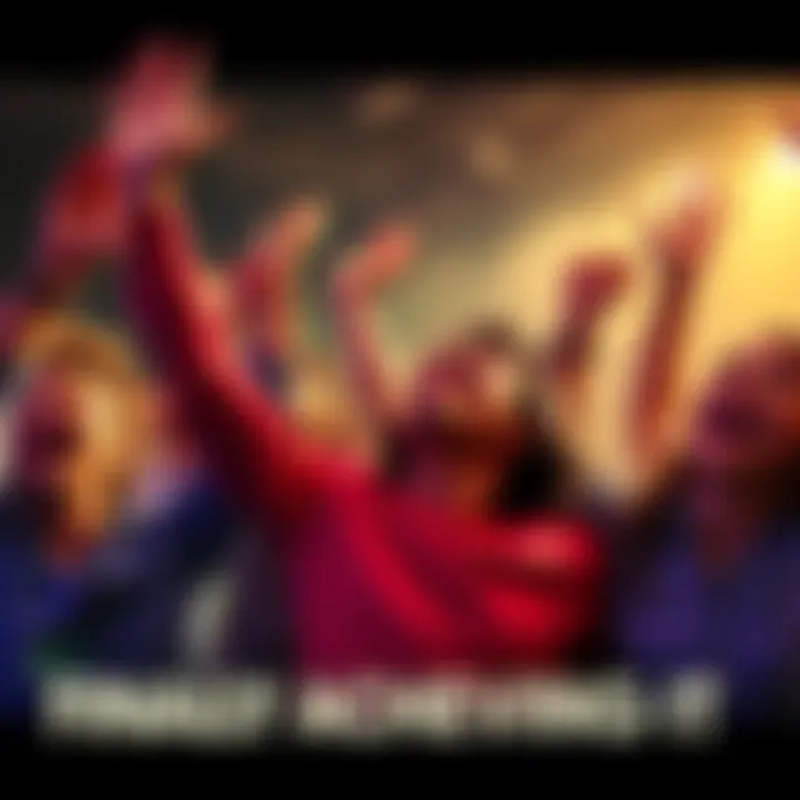 People celebrating triumph A group of people joyfully celebrating a significant achievement, showing expressions of relief and happiness.