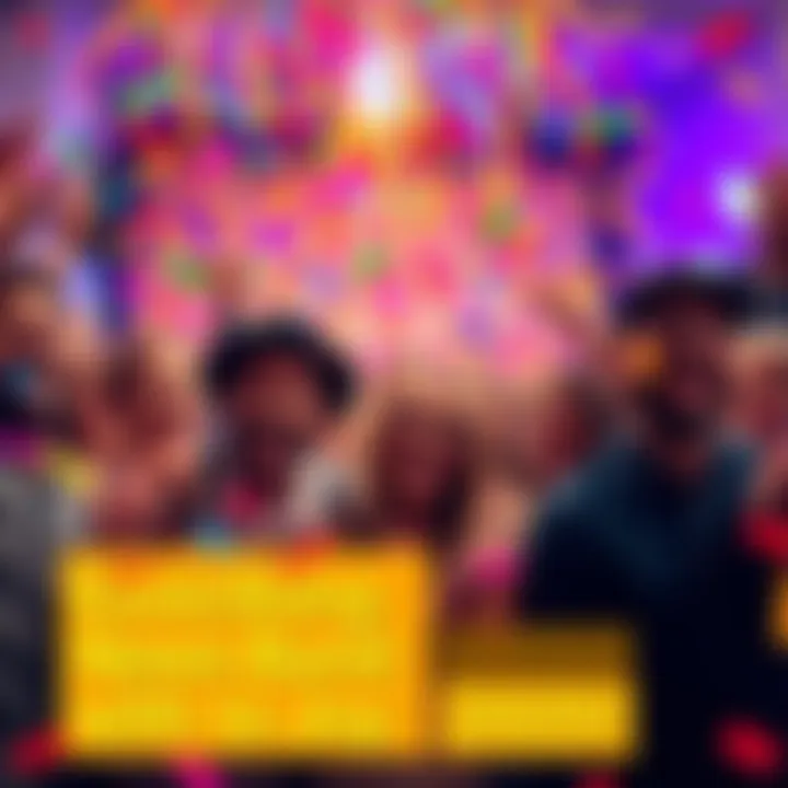 A group of happy people gathered together, smiling and cheering, as colorful confetti falls around them, showcasing a moment of celebration.