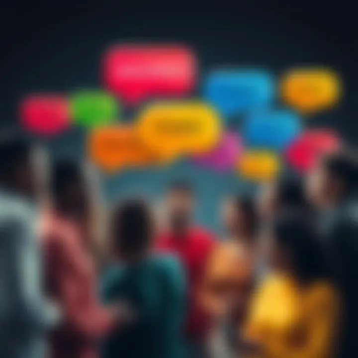 A group of diverse people engaging in conversation with colorful speech bubbles showing different uncensored words and phrases