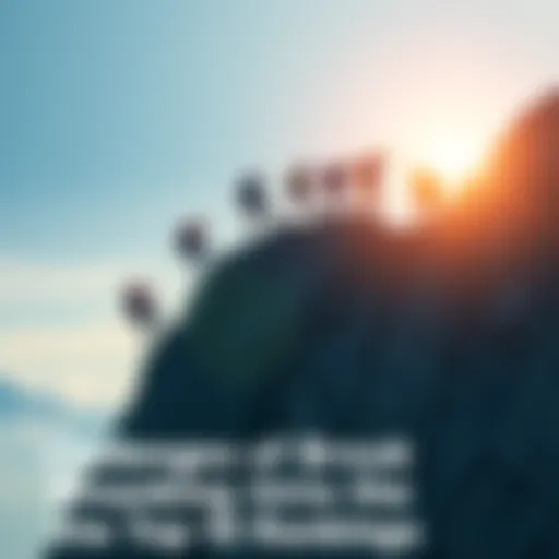 A diverse group of people climbing a steep mountain, representing the challenges of reaching top rankings.