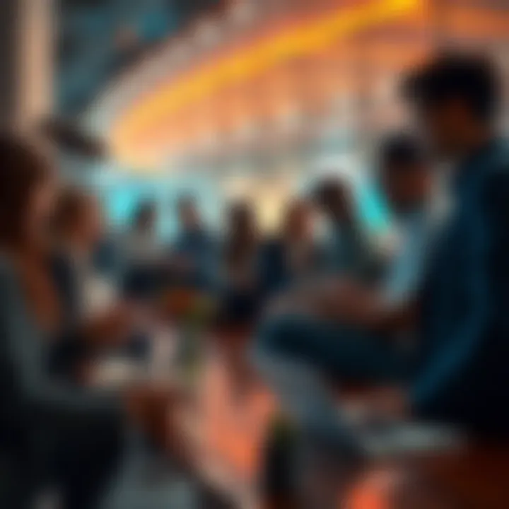 A group of people engaged in conversation using smartphones and laptops, reflecting modern communication trends.