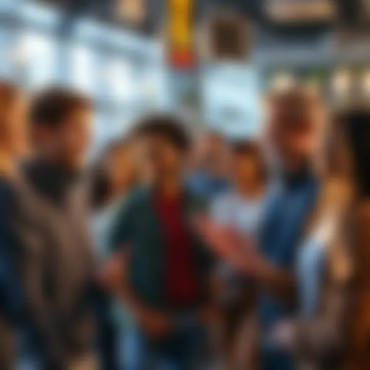 A diverse group of people engaged in conversation, sharing relatable experiences that reflect modern identity, with a warm and friendly atmosphere.