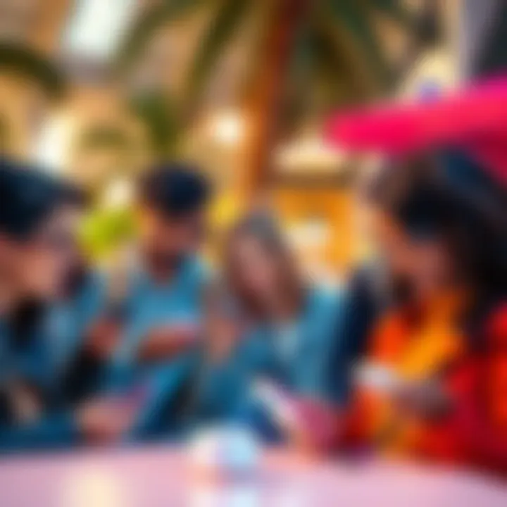 A group of young people engaging on their phones, sharing experiences and ideas in a vibrant outdoor setting.