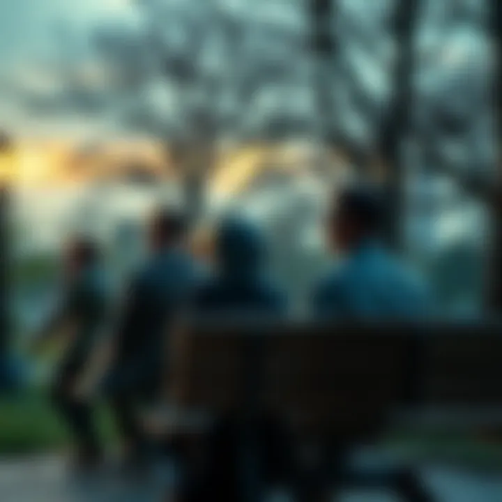 A group of people sitting on a park bench, deep in thought about the meaning of life and suffering