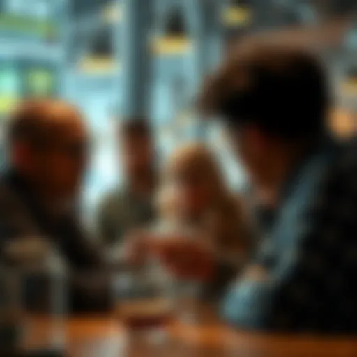 People engaged in conversation A group of people discussing deep questions over coffee, showcasing thoughtful expressions and interactions.