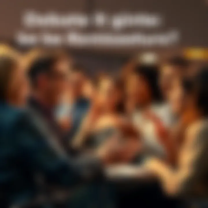 A group of people engaged in a lively discussion about reintroducing a feature, with expressive gestures and varied opinions on display.