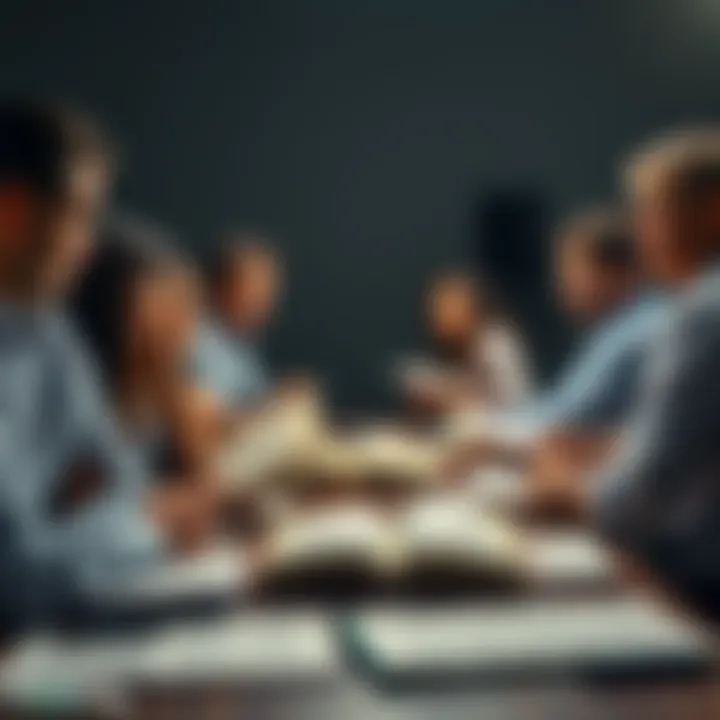 A diverse group of people engaged in a debate, surrounded by open books and notes, illustrating the importance of clear communication.