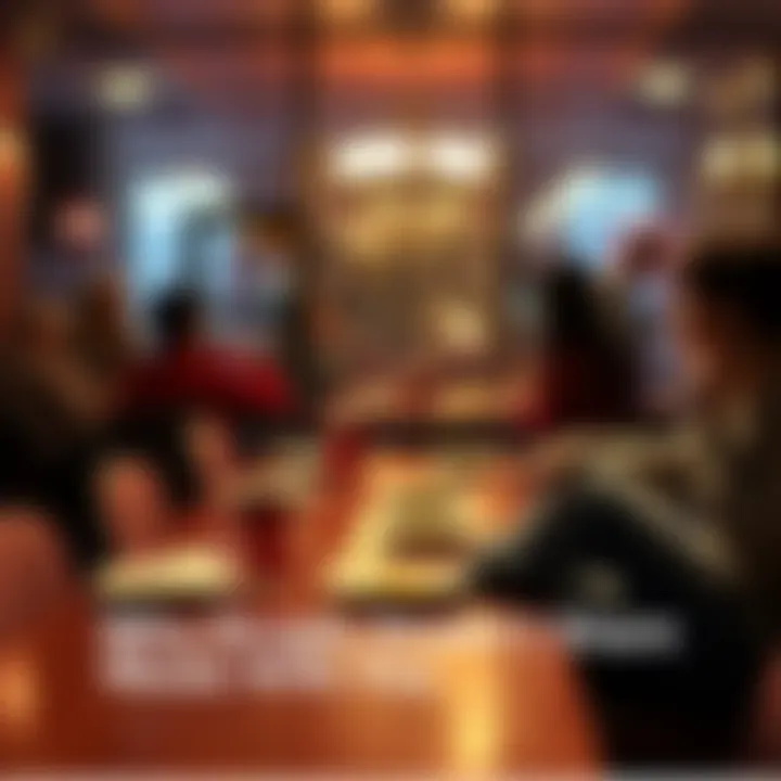 A person sitting at a table with an empty chair, looking at their meal thoughtfully while others dine together in the background.