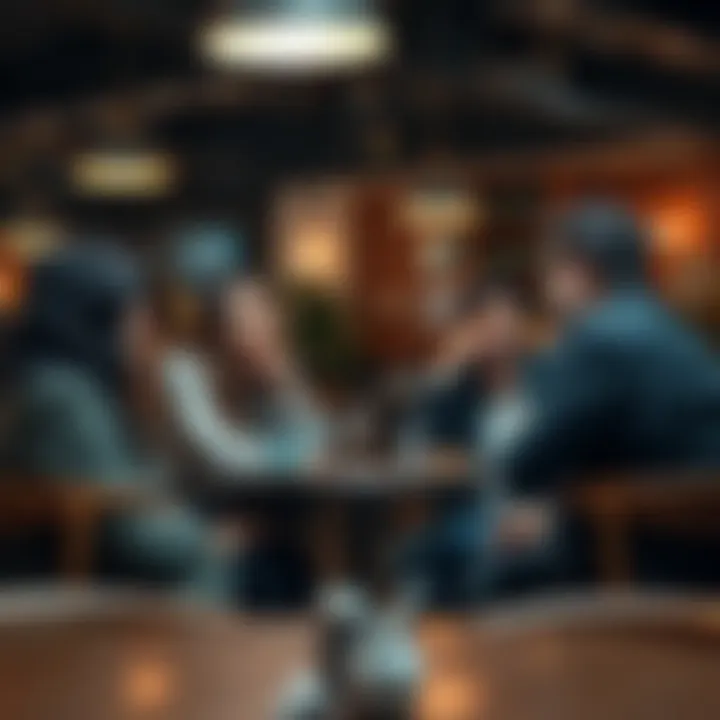 People discussing feelings of flaccidity A group of people sitting together in a cafรฉ, sharing thoughts on mental health and societal pressures, looking thoughtful and engaged in conversation.