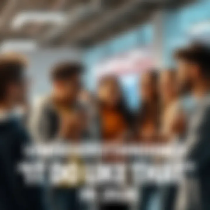 A diverse group of young adults chatting animatedly, with one person gesturing while speaking, representing modern dialogue.