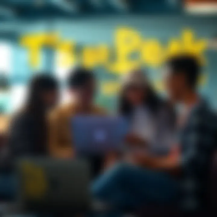 A group of people engaged in conversation about the phrase 'Ts so Peak' in a casual setting, with smartphones and laptops displaying trending topics