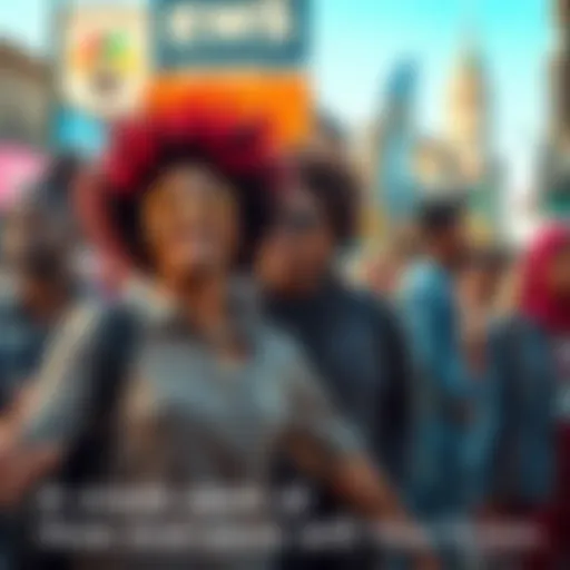 Group of diverse individuals adapting to new lifestyle trends and behaviors in a vibrant urban setting