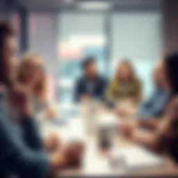 People Engaging in Discussion A group of diverse people sitting at a table, actively discussing important topics, with notes and coffee cups around them.