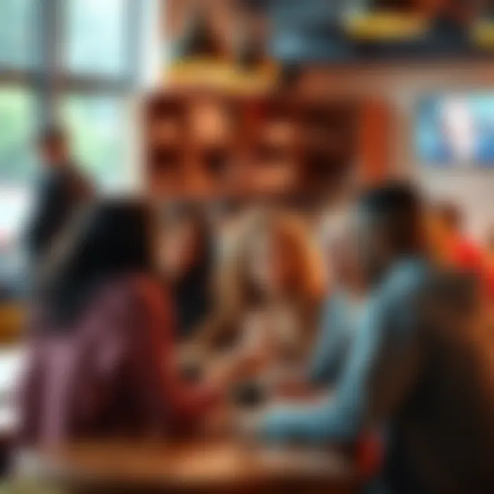 Group of young adults sharing experiences about random vibe checks in a coffee shop