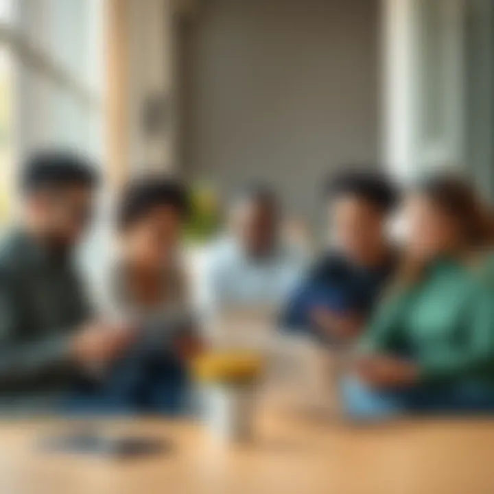 A diverse group of people discussing ideas on laptops and tablets in a bright, casual setting.