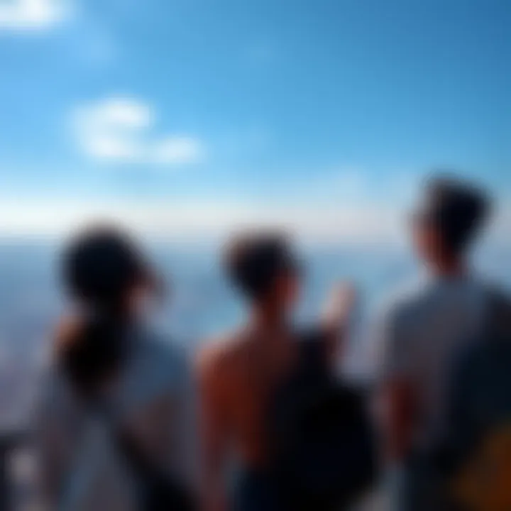 A group of people expressing joy and awe while gazing at a stunning view from a high location