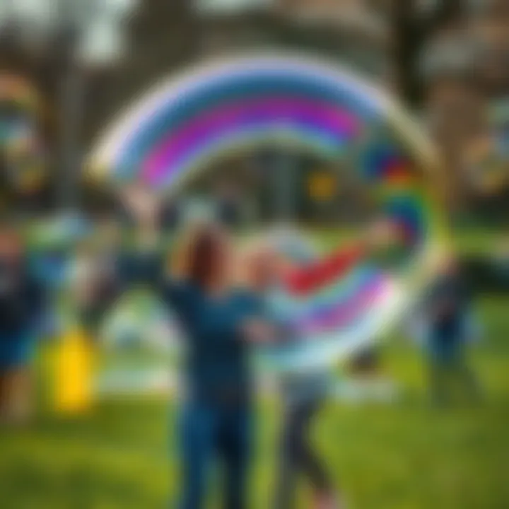 People enjoying Bubble Ring A group of people of different ages playing and having fun with a Bubble Ring in a park.