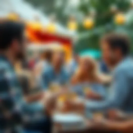 A group of friends laughing and connecting at a festive outdoor gathering, celebrating with food and drinks, highlighting joy and connection