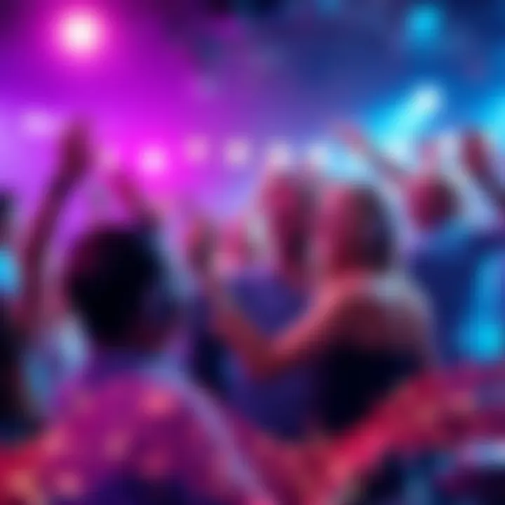 A group of people dancing and smiling, surrounded by colorful lights and sound waves, celebrating music's uplifting power