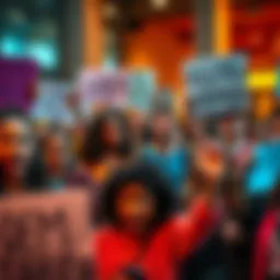 A diverse group of people holding signs and speaking passionately in a public space, showing their feelings of harm and frustration