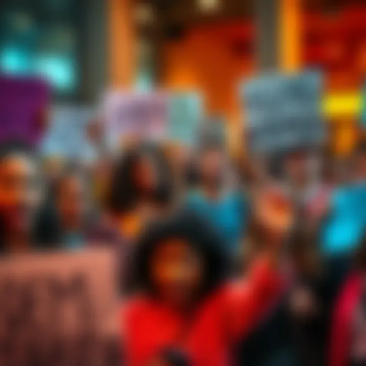 A diverse group of people holding signs and speaking passionately in a public space, showing their feelings of harm and frustration
