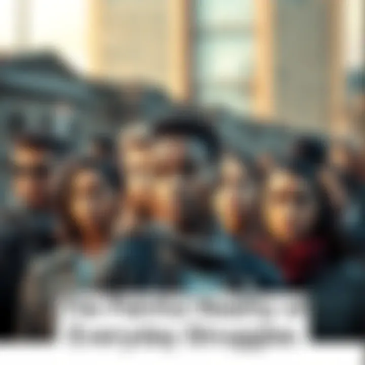 A group of diverse individuals looking thoughtful and concerned, representing the everyday challenges many face. They stand together in a city setting, showing solidarity amidst their struggles.