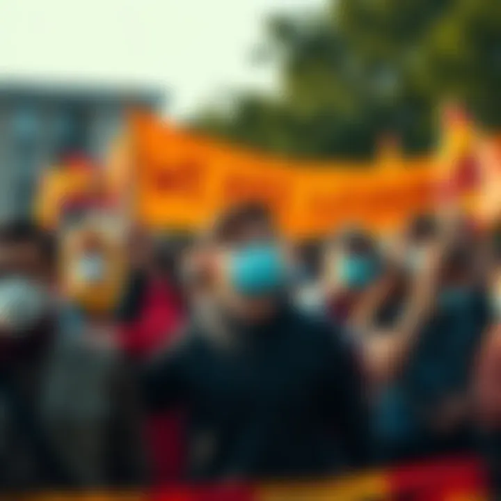 A group of people wearing masks and holding banners, representing community solidarity.